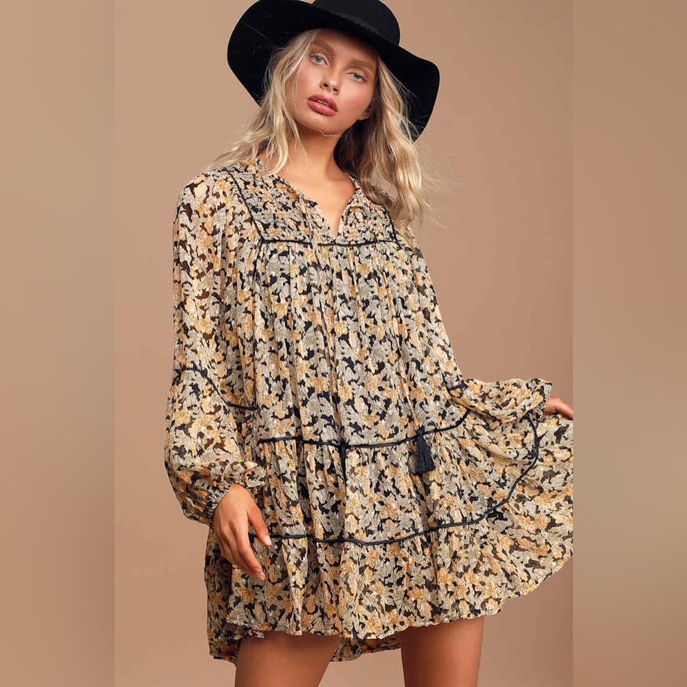 🆕 NWOT Free People | Free Swinging Black Floral Print Ruffled Mini Dress M